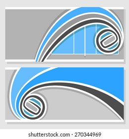 Vector abstract composition of logo for text, notes, title; poster horizontal banner, fun volleyball ball flying on trajectory over field playground volleyball club closeup, invitation ticket