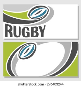 Vector abstract composition of logo for text, notes, title; poster banner, fun rugby ball flying on trajectory over field playground with inscription rugby club closeup, invitation ticket 