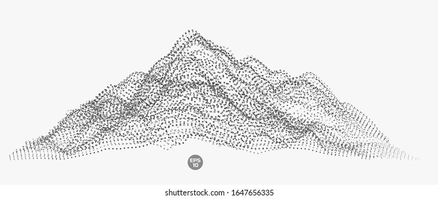 Vector abstract composition made of particles. Design of digital landscape, data array, signal, mountain.