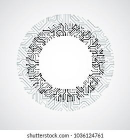 Vector abstract computer circuit board illustration, monochrome round technology element with connections. Electronics theme web design.