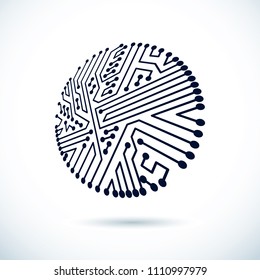 Vector abstract computer circuit board illustration, circular technology element with connections. Electronics theme web design.