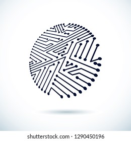 Vector abstract computer circuit board illustration, circular technology element with connections. Electronics theme web design.
