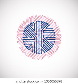 Vector abstract computer circuit board colorful illustration, blue and magenta round technology element with connections. Electronics theme web design.