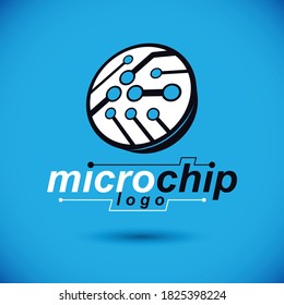 Tarjeta de circuito de computadora abstracta vectora, elemento de tecnología redonda con conexiones. Diseño web de temas electrónicos. Logo de las tecnologías modernas de innovación.