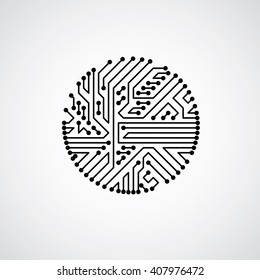 Vector abstract computer circuit board illustration, monochrome round technology element with connections. Electronics theme web design.