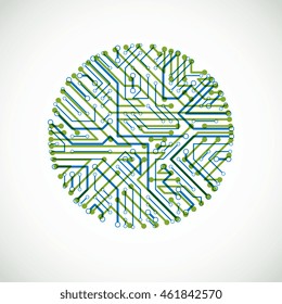 Vector abstract computer circuit board colorful illustration, green and blue round technology element with connections. Electronics theme web design.