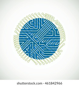 Vector abstract computer circuit board colorful illustration, green and blue round technology element with connections. Electronics theme web design.