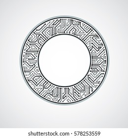 Vector abstract computer circuit board illustration, monochrome round technology element with connections. Electronics theme web design.