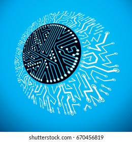 Vector abstract computer circuit board illustration, circular technology element with connections. Electronics theme web design.