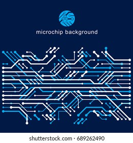 Vector abstract computer circuit board illustration, technology element with connections. Electronics theme web design. Modern technology communication.