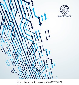 Vector abstract computer circuit board illustration, technology element with connections and arrows. Electronics theme web design. Modern technology communication.