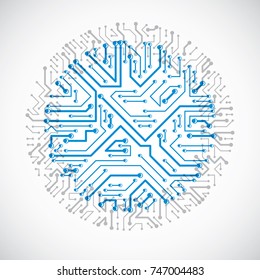 Vector abstract computer circuit board colorful illustration, blue round technology element with connections. Electronics theme web design.