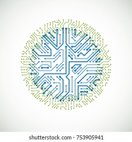 Vector abstract computer circuit board colorful illustration, green and blue round technology element with connections. Electronics theme web design.