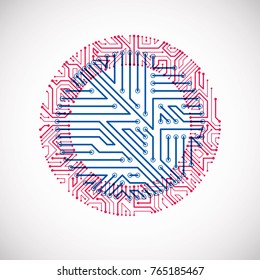 Vector abstract computer circuit board colorful illustration, blue and magenta round technology element with connections. Electronics theme web design.