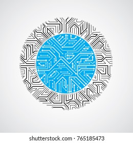 Vector abstract computer circuit board blue illustration, round technology element with connections and arrows. Electronics theme web design.