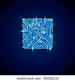 Vector abstract computer glare circuit board, blue round technology element with connections and neon lights. Electronics theme web design.