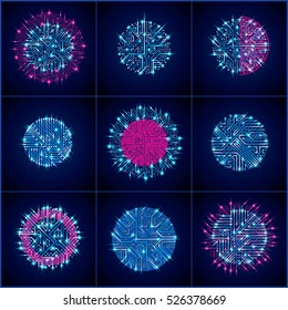 Vector abstract computer glare circuit boards collection, blue round technology elements with connection arrows and neon lights. Electronics theme web design abstractions.