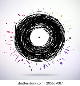 Vector abstract concept music. Vinyl disc with splashes. Abstract music background vector illustration.