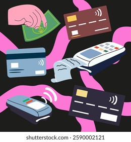 Vector abstract concept of payment methods and options or ways to transfer money. Digital banking and online shopping technology. POS Terminal, credit card and cash