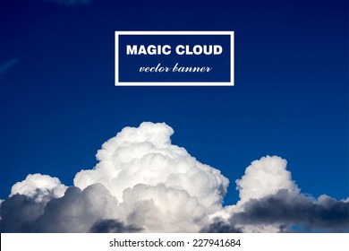 Vector abstract concept white cloud on blue sky background illustration. Realistic photographic colourful cloudscape. Magic cloudy clean environment atmosphere. Your creative conceptual presentation