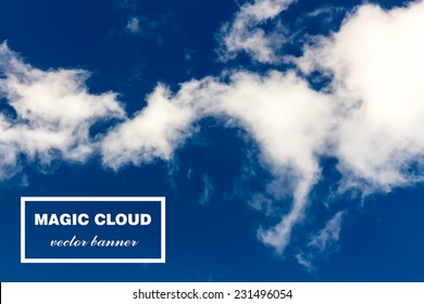Vector abstract concept white cloud on blue sky background illustration. Realistic photographic colourful cloudscape. Magic cloudy clean environment atmosphere. Your creative conceptual presentation