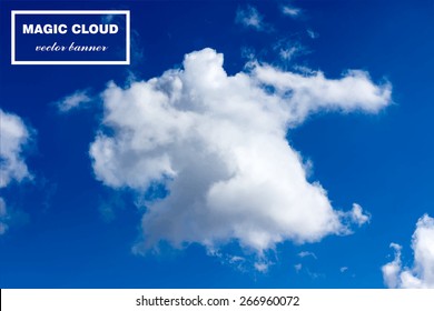 Vector abstract concept white cloud on blue sky background illustration. Realistic photographic colourful cloudscape. Magic cloudy clean environment atmosphere. Your creative conceptual presentation