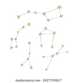 Vector abstract constellations in doodle flat style. Simple color design element, clip art on theme of cosmos, astronomy, kids design