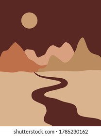 Vector abstract contemporary aesthetic background landscape with mountains, roads, sunrise, sunset. Boho wall print decor in flat style. Mid century modern minimalist art and design
