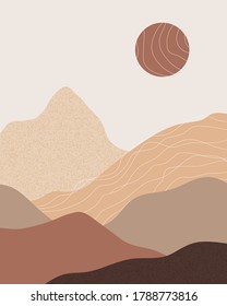 Vektorgrafik abstrakte zeitgenössische ästhetische Hintergrund-Landschaft mit Bergen, Sonnenuntergang, Sonnenaufgang. Boho Wand strukturierte Print-Dekor im Flachstil. Moderne minimalistische Kunst und Design des Jahrhunderts