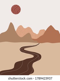 Vector abstract contemporary aesthetic background landscape with mountains, sunset, road, sunrise. Boho wall textured print decor in flat style. Mid century modern minimalist art and design
