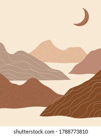 Vector abstracto del paisaje estético contemporáneo de fondo nocturno con montañas, luna, carretera. La decoración de la pared de Boho con texturas de impresión en estilo plano. Arte y diseño minimalista moderno de mediados del siglo