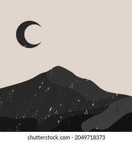 Vector abstract contemporary aesthetic night background landscape with mountains and moon. Boho wall print decor in flat style. Mid century modern minimalist art and design