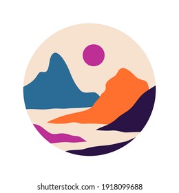 Vector abstract contemporary aesthetic round icon or sticker of landscapes with mountains, roads, sunrise, sunset. Boho wall print decor in flat style. Mid century modern minimalist art