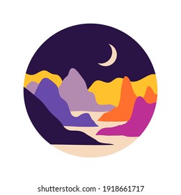 Vector abstract contemporary aesthetic round icon or sticker of landscapes with mountains, roads, sunrise, sunset. Boho wall print decor in flat style. Mid century modern minimalist art