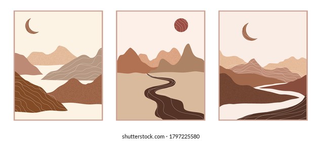 Vector abstract contemporary aesthetic set of backgrounds landscapes with mountains, roads, sunrise, sunset. Boho wall print decor in flat style. Mid century modern minimalist art and design