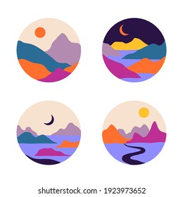 Vector abstracto conjunto estético contemporáneo de íconos redondos o pegatinas de paisajes con montañas, caminos, amanecer, puesta de sol. Decoración de la estampación de Boho en estilo plano. Arte minimalista moderno de mediados de siglo