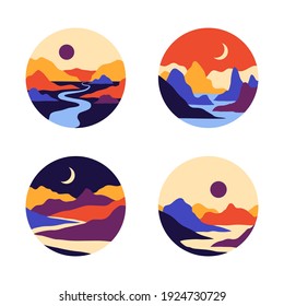 Vector abstract contemporary aesthetic set of round icons or stickers of landscapes with mountains, roads, sunrise, sunset. Boho wall print decor in flat style. Mid century modern minimalist art