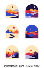Vector abstract contemporary aesthetic set of backgrounds landscapes with mountains, roads, sunrise, sunset. Boho wall print decor, stickers in flat style. Mid century modern minimalist art, design
