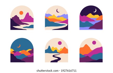 Vector abstract contemporary aesthetic set of backgrounds landscapes with mountains, roads, sunrise, sunset. Boho wall print decor, stickers in flat style. Mid century modern minimalist art, design
