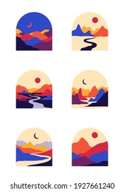 Vector abstract contemporary aesthetic set of backgrounds landscapes with mountains, roads, sunrise, sunset. Boho wall print decor, stickers in flat style. Mid century modern minimalist art, design
