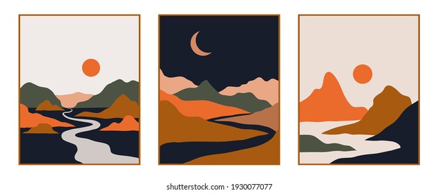 Vector abstract contemporary aesthetic set of backgrounds landscapes with mountains, roads, sunrise, sunset. Boho wall print decor in flat style. Mid century modern minimalist art and design