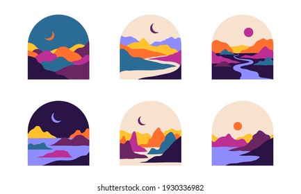 Vector abstract contemporary aesthetic set of backgrounds landscapes with mountains, roads, sunrise, sunset. Boho wall print decor, stickers in flat style. Mid century modern minimalist art, design
