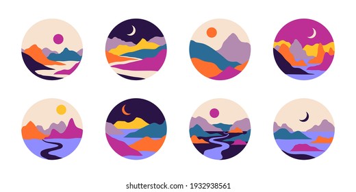 Vector abstract contemporary aesthetic set of round icons or stickers of landscapes with mountains, roads, sunrise, sunset. Boho wall print decor in flat style. Mid century modern minimalist art