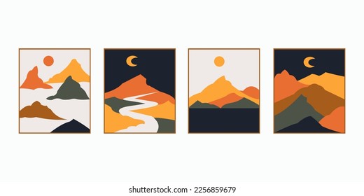 Abstrakte zeitgenössische ästhetische Hintergründe Landschaften mit Bergen, Straßen, Sonnenaufgang, Sonnenuntergang. Die Wanddekoration an der Boho-Wand im Flachstil. Moderne minimalistische Kunst und Design des Jahrhunderts