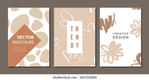 Vector Abstract Contemporary Art deckt Layouts ab. Kollage mit handgezeichneten Blumenformen. Modegeschichten, Vorlagen, Broschüren, Hintergründe von Plakaten, Branding-Design, warme neutrale Farben