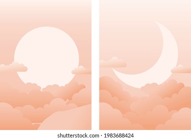 Vector abstract contemporary set of backgrounds landscapes with sun, moon, sunrise, sunset. Modern wall art poster design. Trendy minimalist illustration