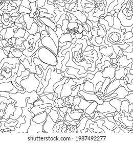 Vector abstract continuous line seamless floral pattern. Hand drawn flowers, petals graphic linear background. Art, hand-drawn romantic, black and white