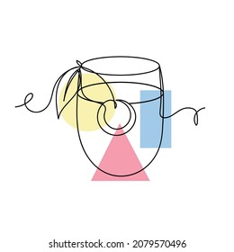 Vector abstract continuous one single simple line drawing icon of  alcohol liqueur cocktail with sweet cherry in silhouette sketch. Perfect for greeting cards, party invitations, posters
