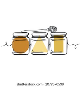 Vector abstract continuous one single line drawing icon of  jars with honey and spoon in silhouette sketch. Perfect for greeting cards, party invitations, posters
