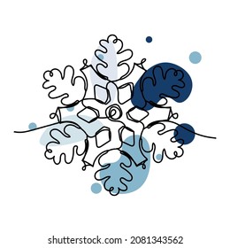 Vector abstract continuous one single simple line drawing icon of   snowflake christmas decoration in silhouette sketch. Perfect for greeting cards